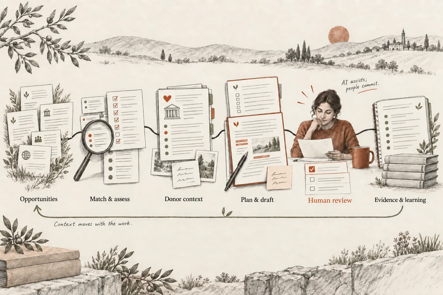 Hand-drawn FundRobin workflow connecting opportunities, matching, donor context, planning and drafting, human review, and evidence and learning.