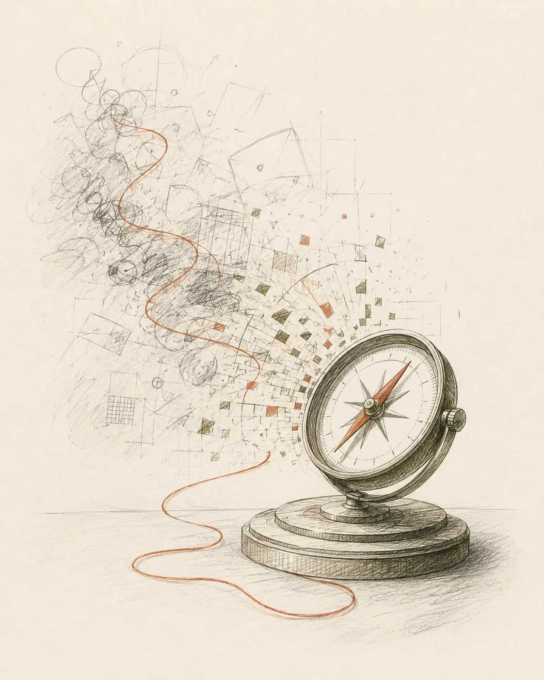 Editorial pencil illustration showing an ambiguous strategic idea resolving into decisions, workflow, human and AI collaboration, evidence and a learning loop.