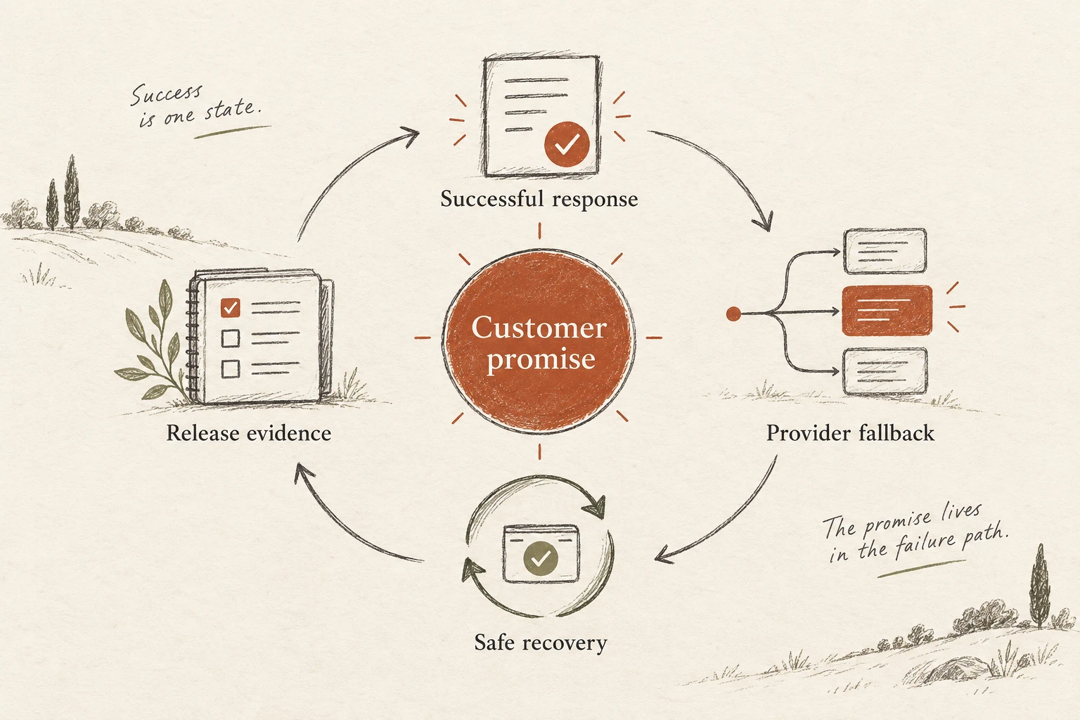 Hand-drawn reliability loop connecting a customer promise to successful response, provider fallback, safe recovery and release evidence.
