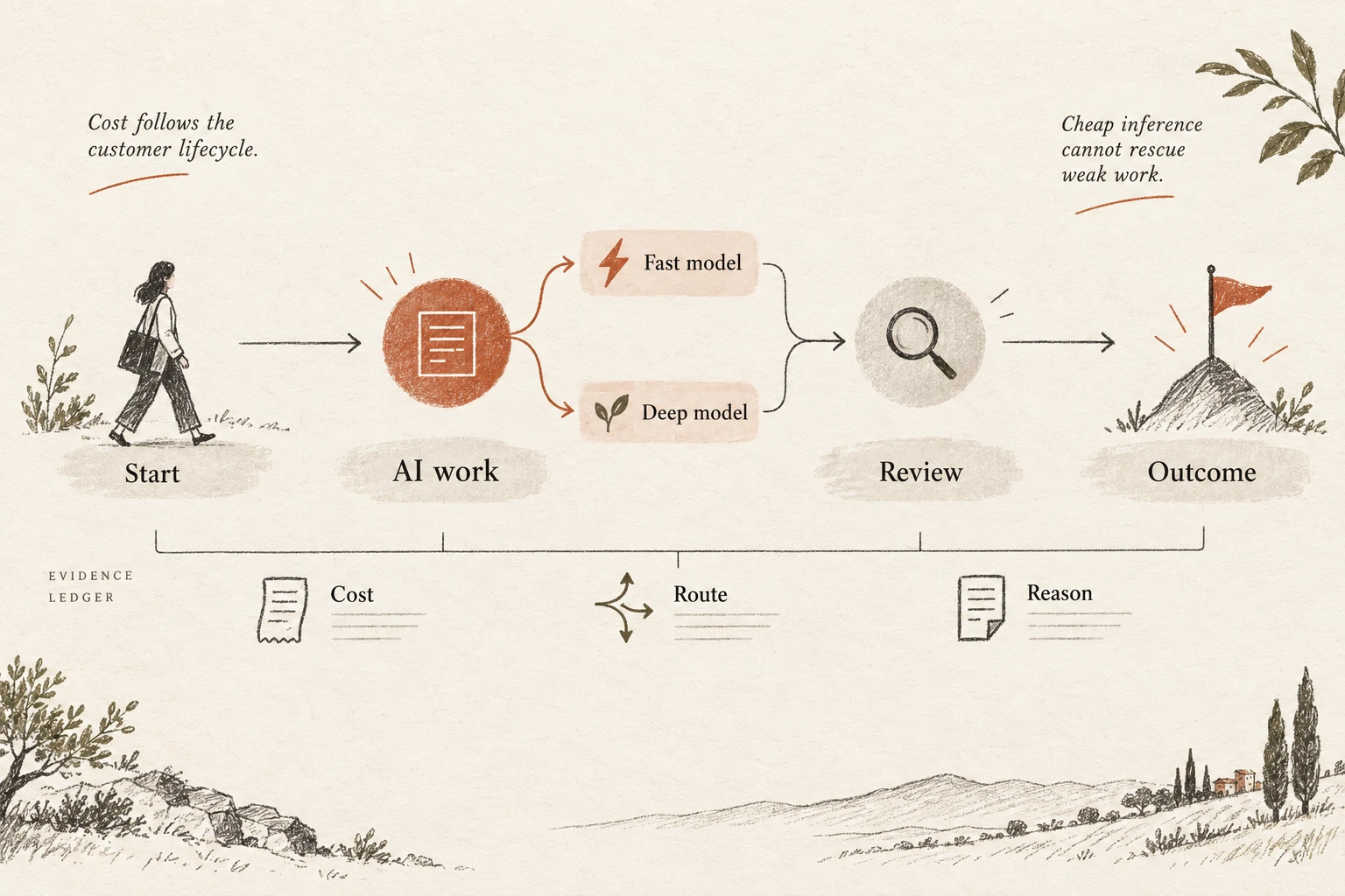 Hand-drawn customer lifecycle from start through AI work and review to outcome, with model routing and a cost, route and reason ledger.