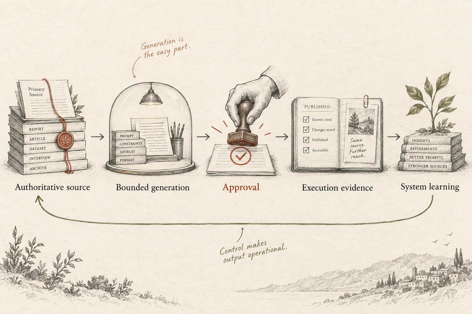 Hand-drawn content operations loop from authoritative sources through bounded generation, approval and execution evidence to system learning.