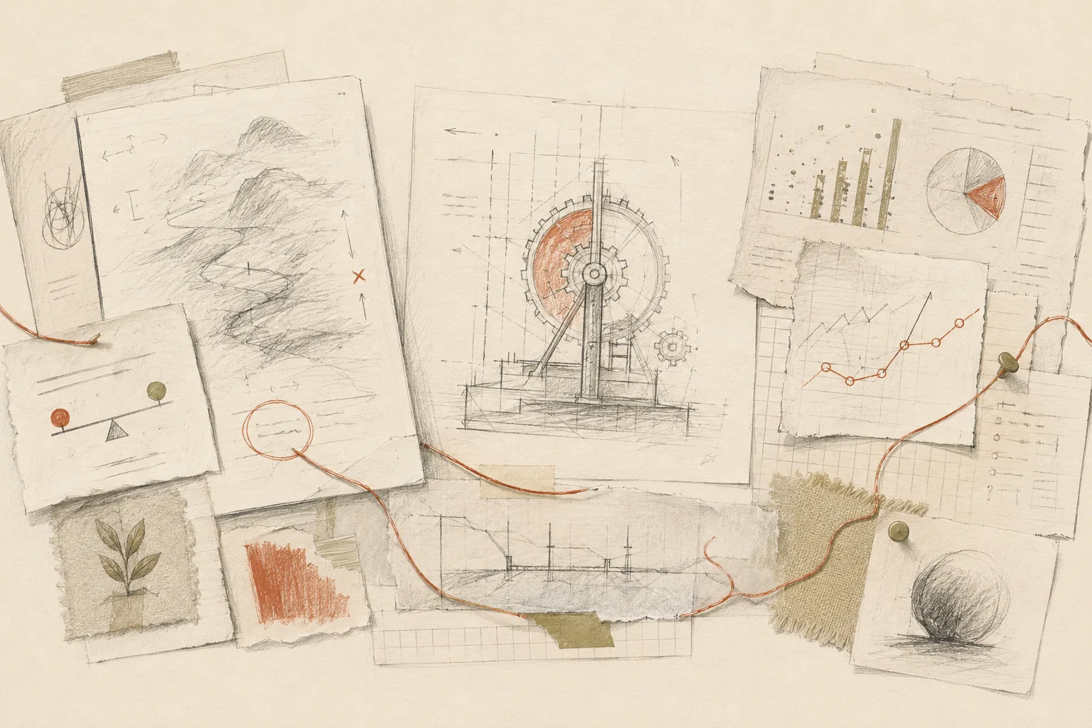 Editorial pencil illustration connecting three strategist-notebook studies: a decision map, an executable system and an evidence learning loop.
