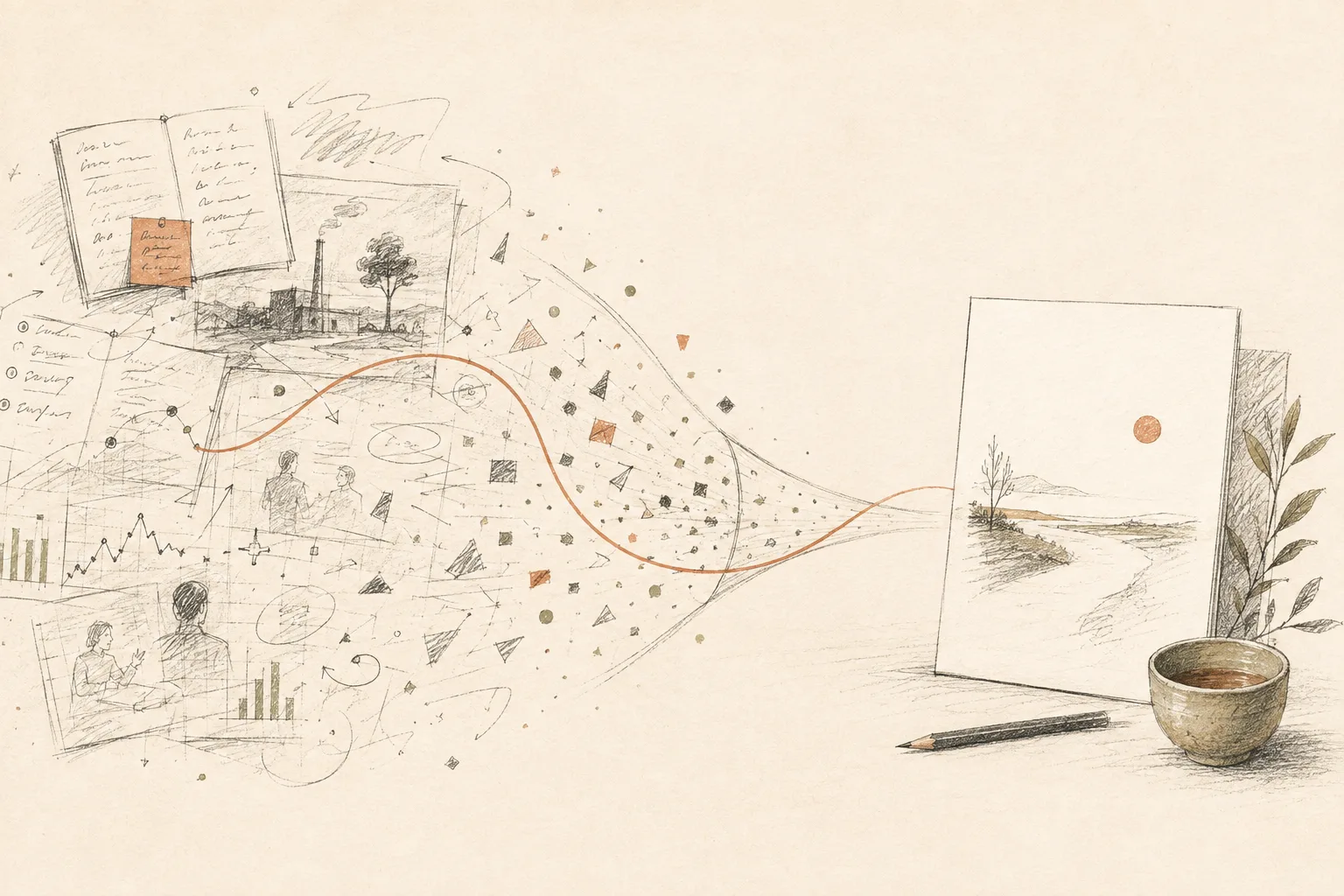 Editorial pencil illustration showing practical work becoming observation, abstraction and teaching through four notebook-style vignettes.